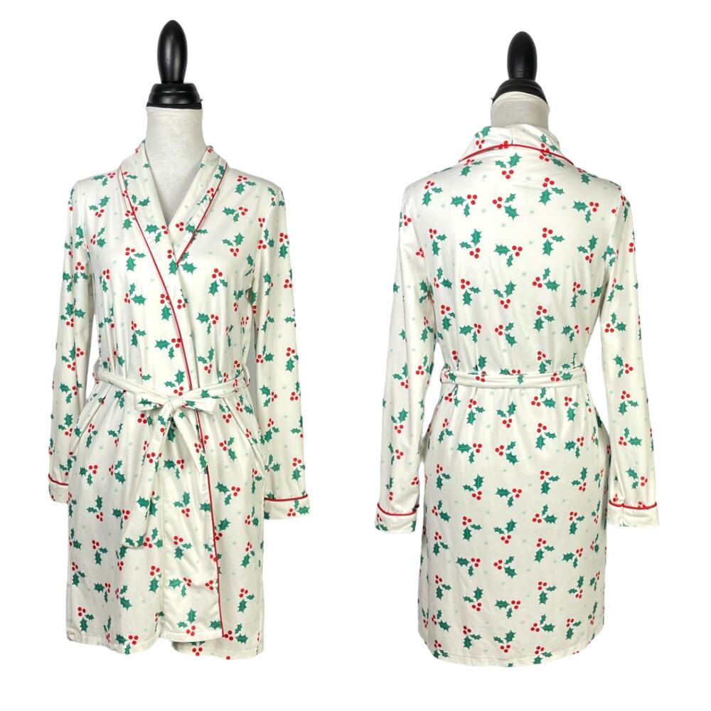 Sugar Bee | Bright Hollies White Red Green Print Holiday Christmas Short Robe
